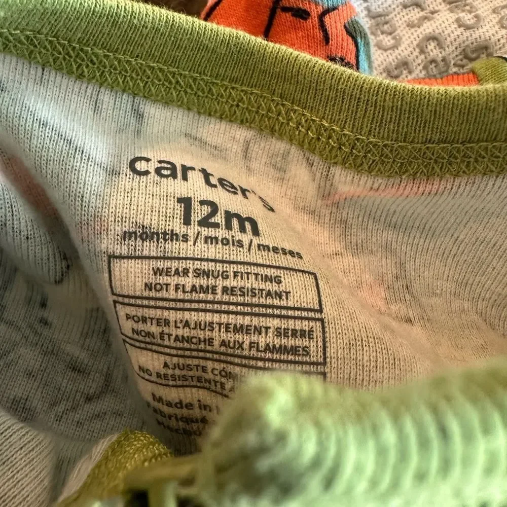 NWT Carters Baby Boys Snug Fit One Piece with Feet Green Dinosaur- Size 12M